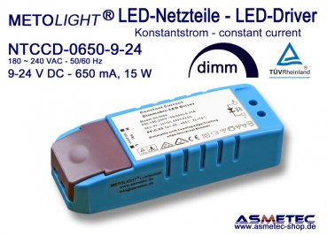 LED-Treiber NTCCD-0650-9-24, Konstantstrom 650 mA, 9-24 VDC, 15 Watt, dimmbar