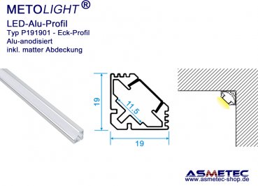 LED-Aluminium Profil P191901, anodisiert, 19 x 19 mm, 2 m lang, Eckprofil