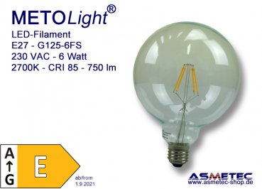 LED-Filament, E27, Globe 125, 6 Watt