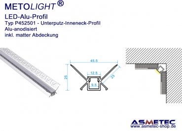LED-Aluminium Profil P452501, alu, Unterputz-Innenecke, 45 mm breit, 25 mm tief, 2 m lang