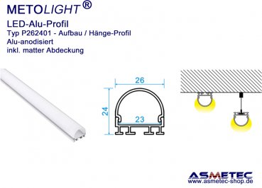 LED-Aluminium Profil P262401, anodisiert, 26 mm breit, 24 mm hoch, 2 m lang, Hängeprofil