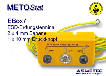 Metostat ESD grounding terminal EBOX7, 1 x 10 mm snap, 2 x 4 mm banana socket - www.asmetec-shop.de