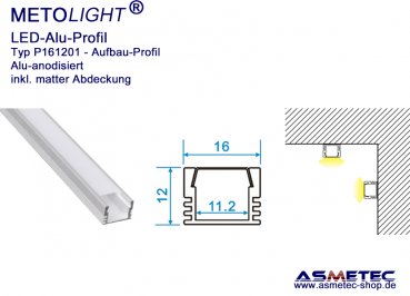 LED Aluminium Profil P161201, anodisiert, 16 mm breit, 12 mm hoch, 2 m lang, Aufbauprofil