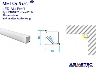 LED-Aluminium Profil P161602, anodisiert, 16 x 16 mm, 2 m lang, Eckprofil