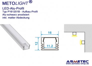 LED-Aluminium Profil P161201B, schwarz, 16 mm breit, 12 mm hoch, 2 m lang, Aufbauprofil