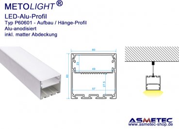 LED-Aluminium Profil P606001, anodisiert, 60 mm breit, 60 mm hoch, 2 m lang, Hängeprofil