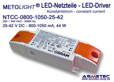 LED-driver NTCC-0800-1050-25-42, constant current 800-1050 mA, 25-42 VDC, 44 Watt, Osram