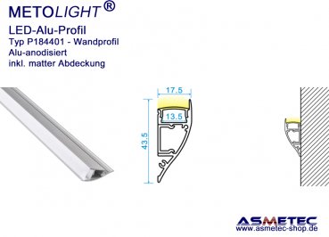 LED-Aluminium Profil P184401, 17 mm breit, 44 mm hoch, 2 m lang, Wandabschluss-Profil
