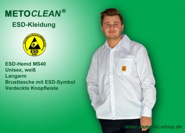 Metoclean ESD-Shirt MS40L-WS-S, long sleeves, white, size S