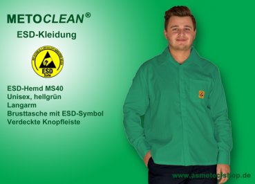 Metoclean ESD-Shirt MS40L-GN-S, long sleeves, light green, size S