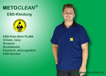 METOCLEAN ESD-Polo-Shirt PL48K-NB, navy blue, short sleeves, unisex - www.asmetec-shop.de