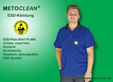 METOCLEAN ESD-Polo-Shirt PL48K-RB, royal blue, short sleeves, unisex - www.asmetec-shop.de