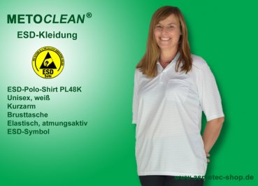 METOCLEAN ESD-Polo-Shirt PL48K-WS, white, short sleeves, unisex - www.asmetec-shop.de