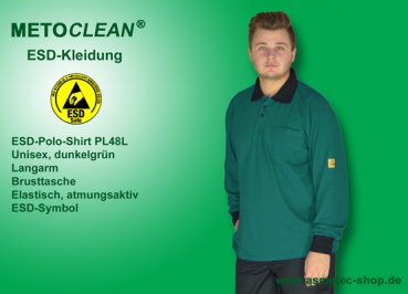 Metoclean ESD-Poloshirt PL48L-DG-M, Langarm, dunkelgrün, Größe M