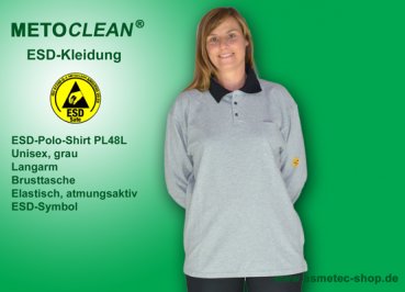 Metoclean ESD-Poloshirt PL48L-GR-XS, Langarm, grau, Größe XS