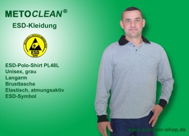 METOCLEAN ESD-Polo-Shirt PL48L-GR, grey, long sleeves, unisex - www.asmetec-shop.de