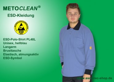 Metoclean ESD-Poloshirt PL48L-LB-M, long sleeves, light blue, size M