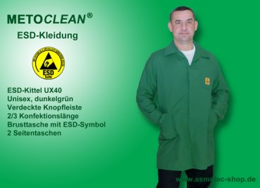 Metoclean ESD-Kittel UX40-DG-XS, dunkelgrün, Größe XS