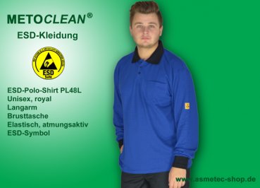 METOCLEAN ESD-Polo-Shirt PL48L-RB, royal blue, long sleeves, unisex - www.asmetec-shop.de