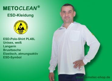 METOCLEAN ESD-Polo-Shirt PL48L-WS, white, long sleeves, unisex - www.asmetec-shop.de