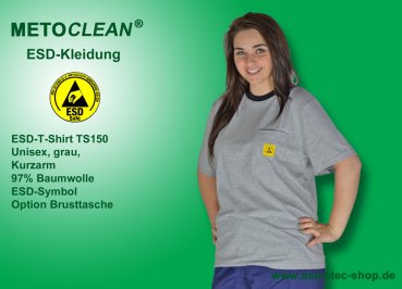METOCLEAN ESD-T-Shirt TS150, grey, short sleeves, unisex - www.asmetec-shop.de