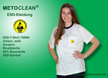 METOCLEAN ESD-T-Shirt TS96K, white, short sleeves, unisex - www.asmetec-shop.de