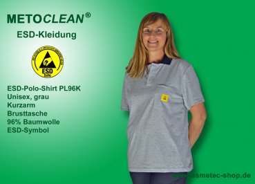METOCLEAN ESD-Polo-Shirt PL96K, grey, short sleeves, unisex - www.asmetec-shop.de