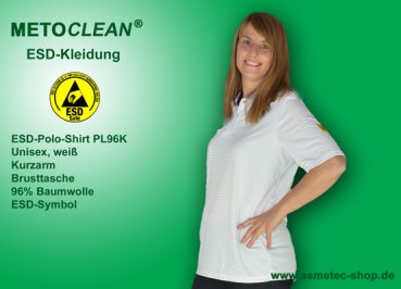 Metoclean ESD-Polo-Shirt PL96K-WS-XXL, short sleeves, white, size XXL