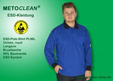 METOCLEAN ESD-Polo-Shirt PL96L, royal, long sleeves, unisex - www.asmetec-shop.de