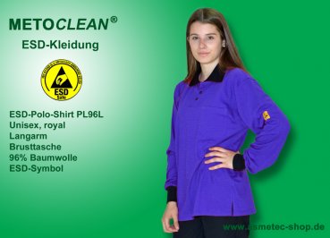 Metoclean ESD-Polo-Shirt PL96L-RB-XS, long sleeves, royal blue, size XS