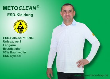 METOCLEAN ESD-Polo-Shirt PL96L, weiß, Langarm, unisex - www.asmetec-shop.de