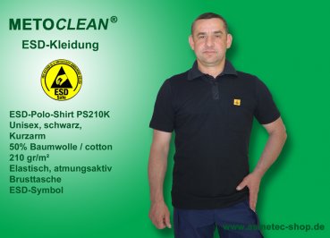 METOCLEAN ESD-Polo-Shirt PS210K-SW, black, short sleeves, unisex - www.asmetec-shop.de