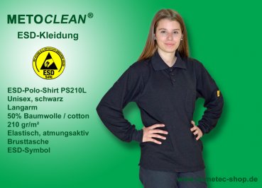METOCLEAN ESD-Polo-Shirt PS210L-SW, black, long sleeves, unisex - www.asmetec-shop.de