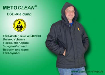 METOCLEAN ESD winter jacket WC-40NDH-SW-XL, with hood, unisex, extra warm, Fleece underlayer, black, size XL