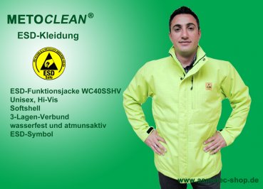 METOCLEAN ESD funktional jacket WC-40SSHV-GE-S, unisex, breathable & waterproof, softshel underlayer, HiVis, yellow, size S