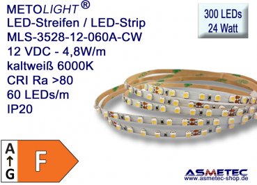 LED strip 3528, cold white, 12 VDC, 300 LEDs, 24 W, IP20, 5 m length