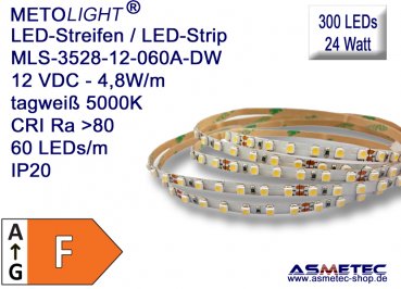 LED strip 3528, pure white, 12 VDC, 300 LEDs, 24 W, IP20, 5 m length