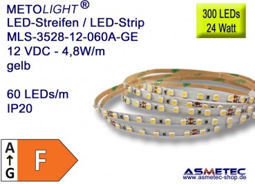 LED strip 3528, yellow, 12 VDC, 300 LEDs, 24 W, IP20, 5 m length