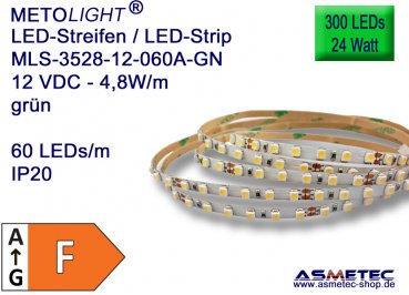 LED strip 3528, green, 12 VDC, 300 LEDs, 24 W, IP20, 5 m length
