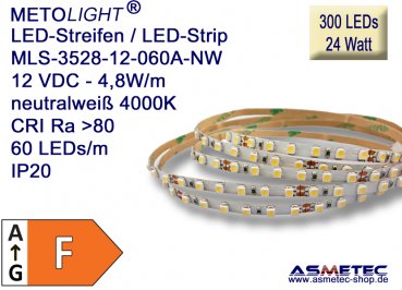 LED strip 3528, nature white, 12 VDC, 300 LEDs, 24 W, IP20, 5 m length