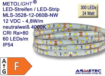 LED-Streifen 3528, neutralweiß, 12 VDC, 300 LEDs, 24 W, IP54, 5 m lang