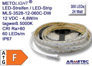 LED-Streifen 3528, tagweiß, 12 VDC, 300 LEDs, 24 W, IP67, 5 m lang