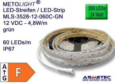 LED-Streifen 3528, grün, 12 VDC, 300 LEDs, 24 W, IP67, 5 m lang