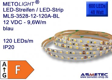 LED strip 3528, blue, 12 VDC, 600 LEDs, 48 W, IP20, 5 m length