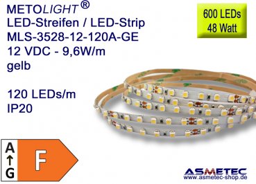 LED strip 3528, yellow, 12 VDC, 600 LEDs, 48 W, IP20, 5 m length