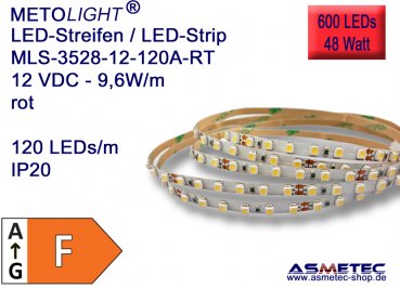LED strip 3528, red, 12 VDC, 600 LEDs, 48 W, IP20, 5 m length