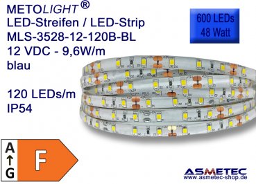 LED strip 3528, blue, 12 VDC, 600 LEDs, 48 W,  IP54, 5 m length
