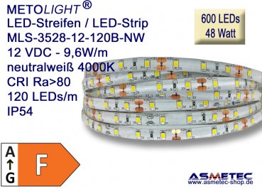 LED-Streifen 3528, neutralweiß, 12 VDC, 600 LEDs, 48 W, IP54, 5 m lang