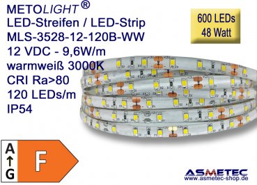 LED-Streifen 3528, warmweiß, 12 VDC, 600 LEDs, 48 W, IP54, 5 m lang