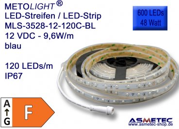 LED strip 3528, blue, 12 VDC, 600 LEDs, 48 W,  IP67, 5 m length